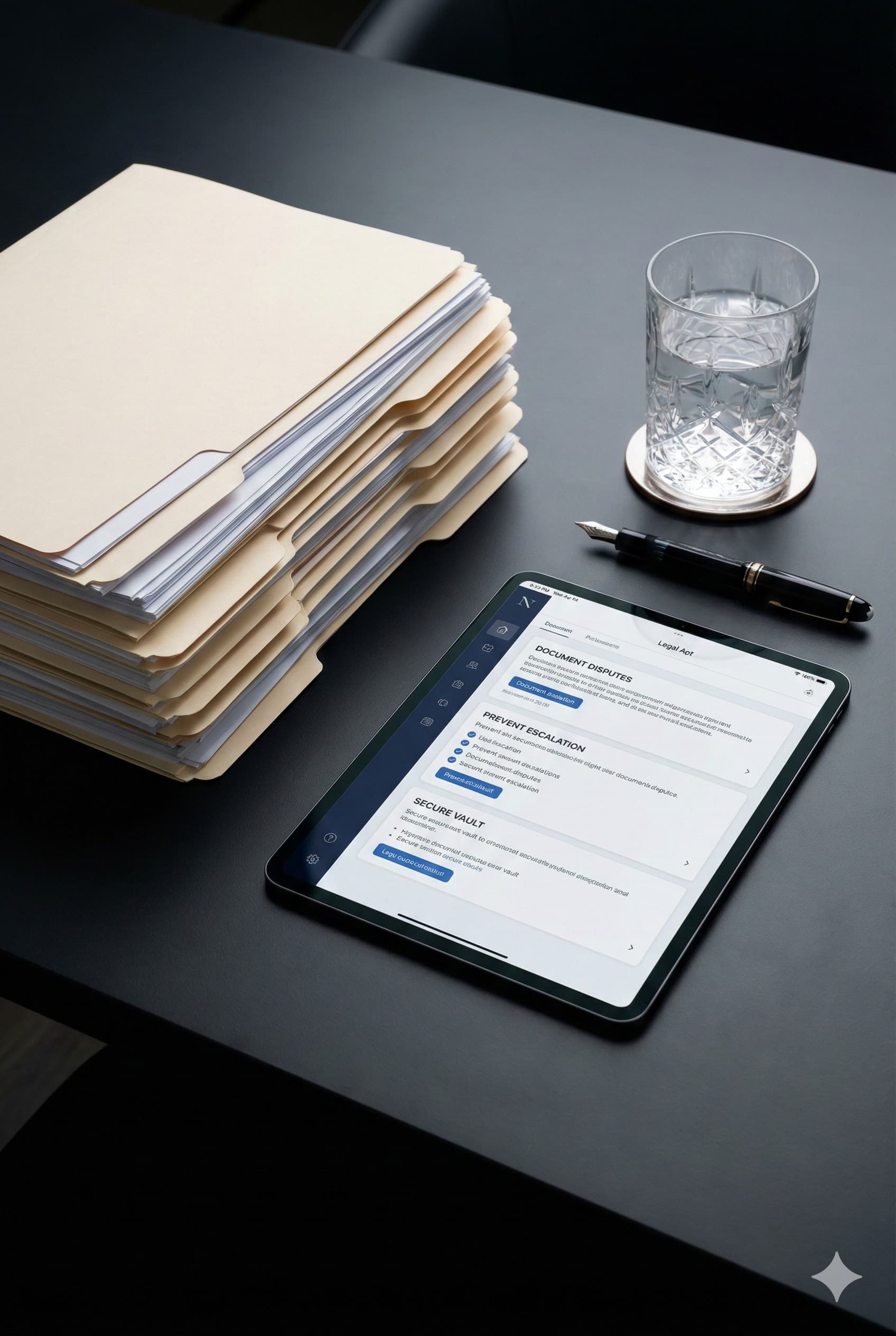 Clean organized stack of legal briefs on a dark desk with a tablet showing the app interface